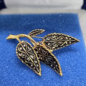 Damascene Style Gold and Black Leaves Brooch